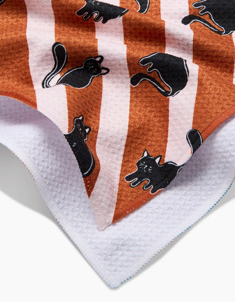 Striped Black Cats Orange Tea Towel