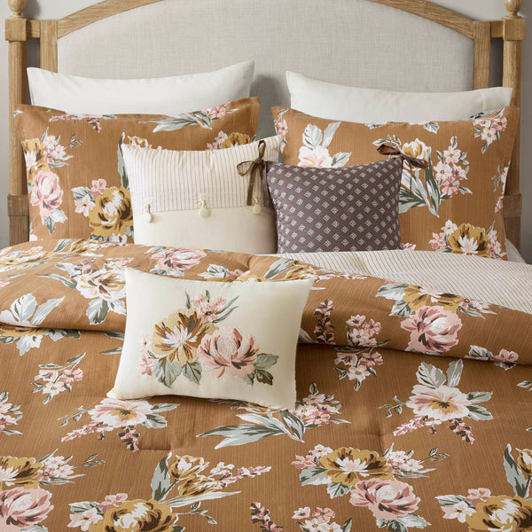 7 Piece Vintage Floral Comforter Set, Terracotta: Queen