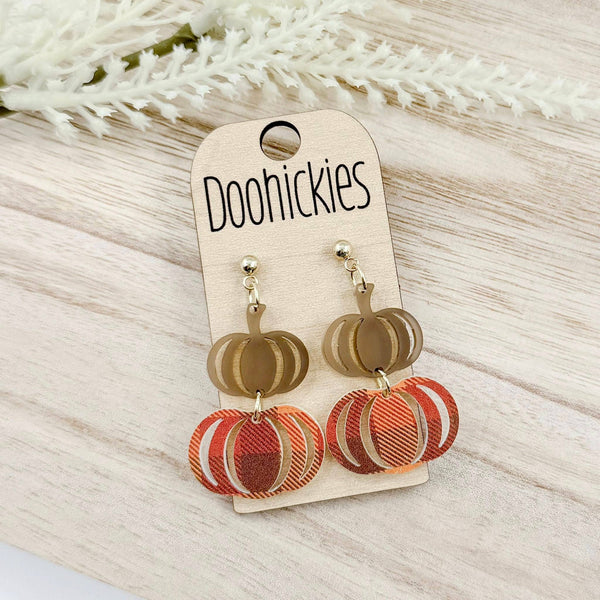 Fall Double Plaid Pumpkin Dangle Acrylic Earrings: Brown