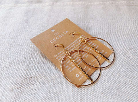 Shiny Square Beaded Drop Hoop Earrings