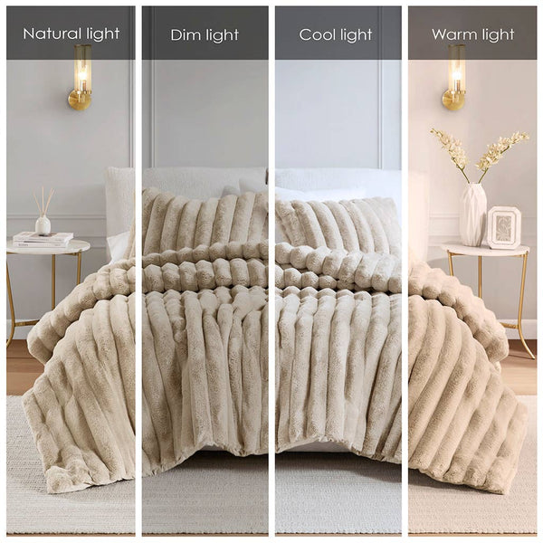 3 Piece Ultra Soft Faux Fur Ribbed Comforter Set, Taupe: King