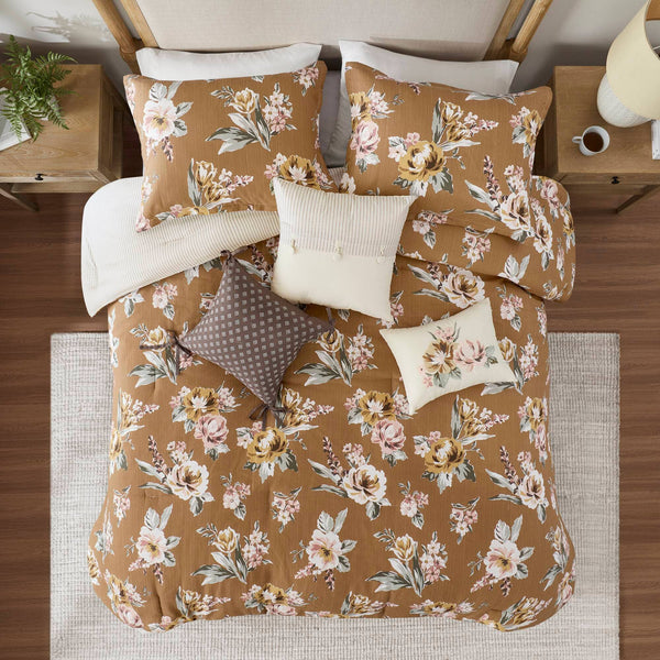 7 Piece Vintage Floral Comforter Set, Terracotta: Queen