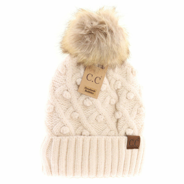 Bobble Knit Taupe Beanie