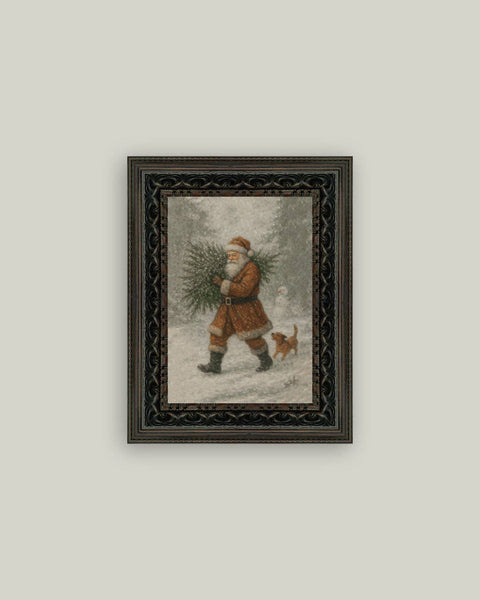 Santa with Tree Framed Antique Art: 8x10