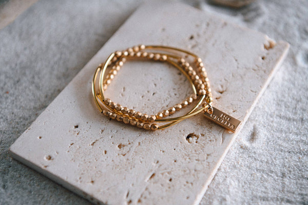 Gold or Silver Beaded Triple Wrap Bracelet : Gold & Matte Grey