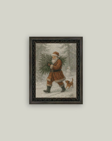 Santa with Tree Framed Antique Art: 8x10