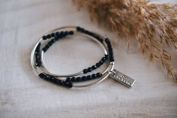 Gold or Silver Beaded Triple Wrap Bracelet : Silver & Black