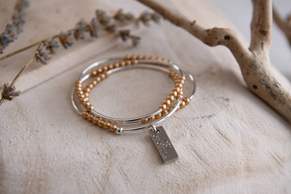 Gold or Silver Beaded Triple Wrap Bracelet : Gold & Matte Grey
