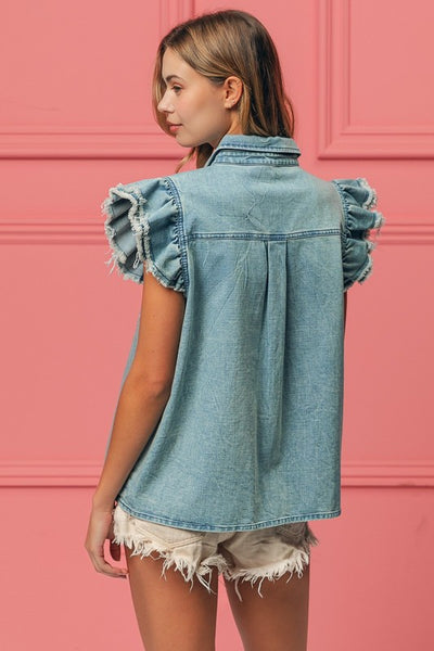 Frayed Edge Ruffle Denim Top