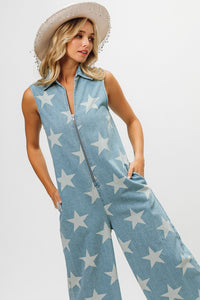 Star Print Zip-Up Denim Jumpsuit