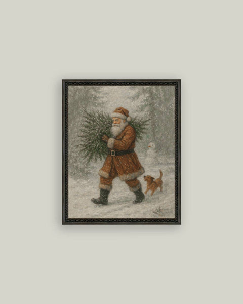 Santa with Tree Framed Antique Art: 8x10