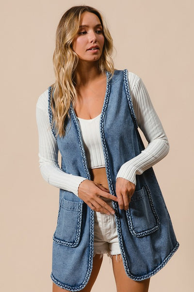 Braided Edge Washed Long Vest