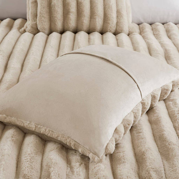 3 Piece Ultra Soft Faux Fur Ribbed Comforter Set, Taupe: King