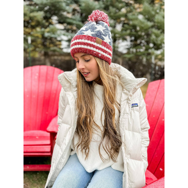 USA Flag Knit Pom Beanie