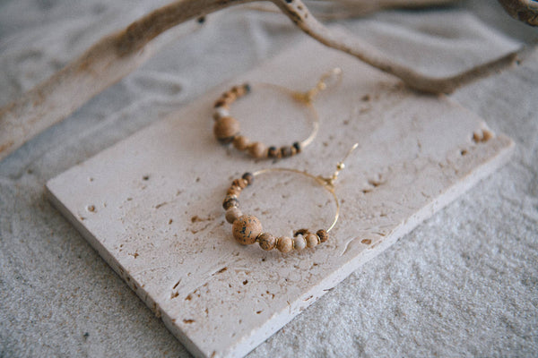 Private Label Genuine Gemstone and Gold-Plated Hoop Earring : Bamboo Agate