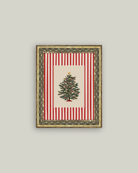 Peppermint Stripe Tree Framed Antique Art: 8x10