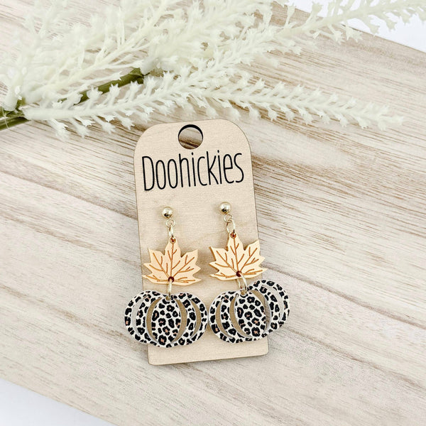 Fall Double Leaf and Leopard Pumpkin Dangle Acrylic Earrings: Olive