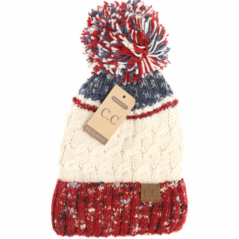 Beige Lined Tri-Color Flecked Pom CC Beanie HAT