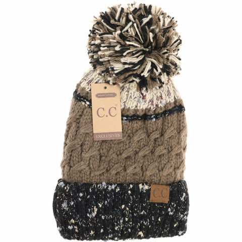 Taupe Lined Tri-Color Flecked Pom CC Beanie HAT